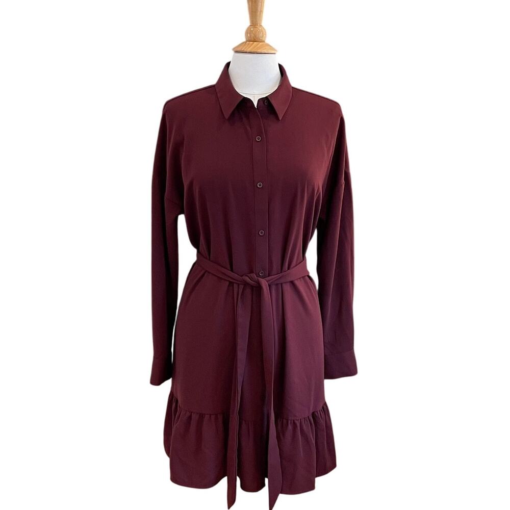 Nine West Burgundy Long Sleeve Shirt Dress, Tie Belt, Ruffle Hem, Career,  L